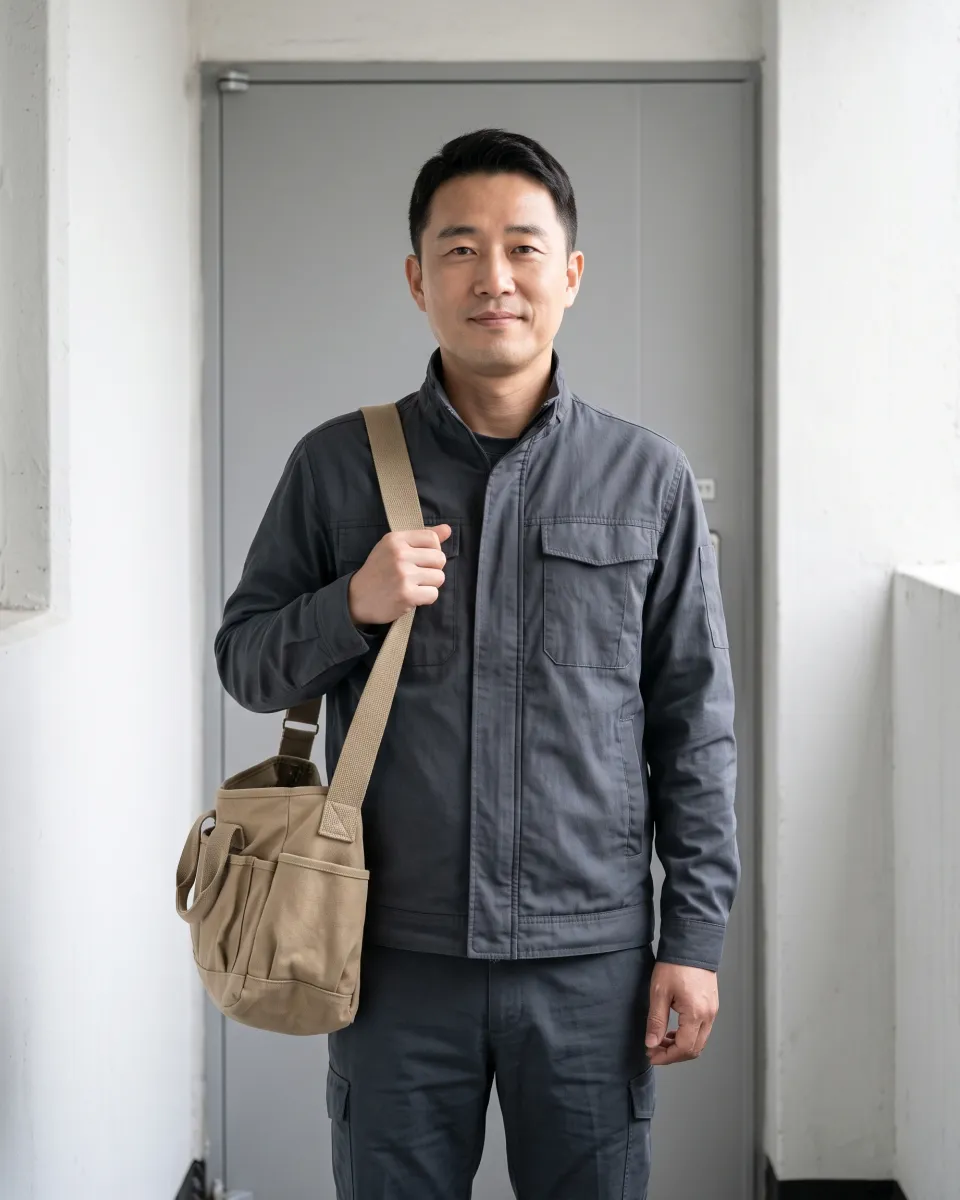 공구 가방을 메고 현관 앞에 선 한정우 대표